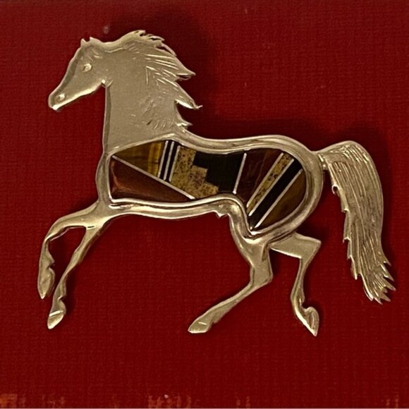 P. Becenti For Calvin Begay Jewelry - P. BECENTI CALVIN BEGAY NAVAJO BROOCH STERLING SILVER MULTI STONE INLAY HORSE